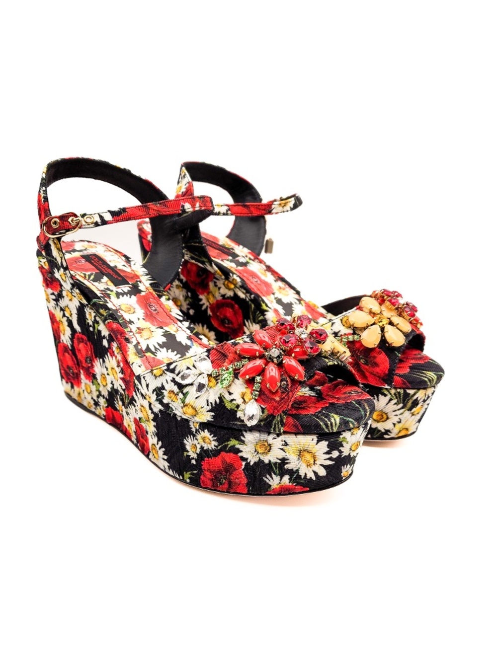 Dolce & Gabbana Brocade Daisy Red Crystal Floral Platform Sandals EU 37.5